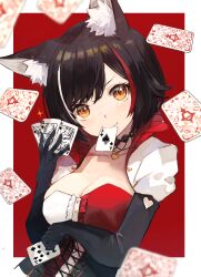 Rule 34 | 1girl, animal ear fluff, animal ears, bad id, bad pixiv id, black gloves, breasts, card, card in mouth, cleavage, gloves, highres, holding, holding card, hololive, looking at viewer, medium breasts, mouth hold, multicolored hair, nyucha, official alternate costume, ookami mio, ookami mio (wonderland), red background, red hair, short hair, solo, streaked hair, upper body, virtual youtuber, white hair, wolf ears, wolf girl