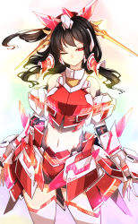 Rule 34 | 1girl, absurdres, bare shoulders, black hair, blue background, bow, breasts, closed mouth, crossover, detached sleeves, gradient background, green background, gundam, hair between eyes, hair tubes, hakurei reimu, highres, holding, long sleeves, looking at viewer, medium breasts, multicolored background, navel, one eye closed, pink background, purple background, raptor7, red background, red bow, red eyes, red skirt, red vest, short hair, skirt, solo, standing, stomach, thighhighs, touhou, unicorn gundam, vest, white background, white sleeves, white thighhighs, yellow background