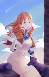 Rule 34 | 1girl, annette fantine dominic, blue bow, blue bowtie, blue eyes, blush, bow, bowtie, brooch, capelet, dress, fire emblem, fire emblem: three houses, highres, jewelry, medium hair, nintendo, open mouth, orange capelet, orange hair, smile, solo, striped bow, striped bowtie, striped clothes, vestariares, white dress