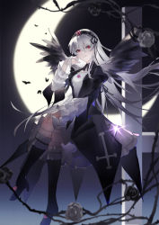 Rule 34 | 1girl, absurdres, black wings, boots, doll joints, dress, feathered wings, frills, full body, gothic lolita, hairband, highres, joints, lolita fashion, lolita hairband, long hair, long sleeves, looking at viewer, onlly, red eyes, rozen maiden, suigintou, white hair, wings