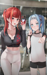 Rule 34 | + +, 2girls, :p, absurdres, akane lize, arahashi tabi, bangs pinned back, black eyes, black shirt, black shorts, black undershirt, blonde hair, blurry, blurry background, blush, breasts, cellphone, contrapposto, cowboy shot, crotch seam, grey headband, headband, highres, holding, holding phone, jundu, large breasts, long hair, long sleeves, looking at viewer, midriff, mirror, mole, mole on breast, mole under eye, multicolored hair, multiple girls, nail art, navel, pants, partially unbuttoned, phone, ponytail, punching, raglan sleeves, red hair, red nails, red pupils, selfie, shirt, short sleeves, shorts, smartphone, stellive, streaked hair, tongue, tongue out, twintails, virtual youtuber, watch, white pants, white shirt, wristwatch, yoga pants