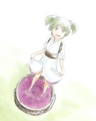 Rule 34 | 1girl, barefoot, flat chest, food, from above, fruit, grapes, green eyes, green hair, kawashina (momen silicon), kisume, looking at viewer, looking up, matching hair/eyes, open mouth, short hair, skirt hold, smile, solo, tasuki, touhou