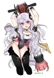 arms_up artist_name back_bow black_horns black_thighhighs blush bow breasts bright_pupils brown_hair caren_hortensia caren_hortensia_(amor_caren) caren_hortensia_(amor_caren)_(third_ascension) choker collarbone contrapposto cropped_legs curled_horns demon_girl demon_horns diagonal-striped_clothes embarrassed fate/grand_order fate_(series) frilled_sleeves frills heart heart_choker highleg highleg_leotard highres holding holding_weapon horns leotard long_hair looking_at_viewer multicolored_hair nose_blush nyokinyoki_18 pink_bow pink_horns puffy_short_sleeves puffy_sleeves red_eyes short_sleeves simple_background small_breasts square_neckline streaked_hair striped_clothes thighhighs twitter_username two-tone_hair underbust very_long_hair wavy_hair weapon white_background white_hair white_pupils wrist_cuffs