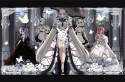Rule 34 | 6+girls, absurdly long hair, ahoge, alternate costume, azur lane, backless dress, backless outfit, bare legs, black dress, bouquet, breasts, bug, butterfly, demon horns, dido (azur lane), dress, flower, formidable (azur lane), formidable (timeless classics) (azur lane), full body, halo, horns, insect, large breasts, little bel (azur lane), long dress, long hair, multiple girls, official alternate costume, perseus (azur lane), rose, sirius (azur lane), twintails, unicorn (azur lane), very long hair, white dress, white flower, white rose, wulala
