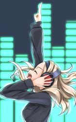 Rule 34 | 1girl, aleksandra i. pokryshkin, arm up, backlighting, blonde hair, blush, brave witches, closed eyes, hand on headphones, hand on own head, happy, headband, headphones, highres, hiroshi (hunter-of-kct), long hair, pointing, pointing up, profile, smile, solo, uniform, upper body, world witches series
