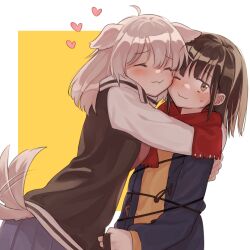 Rule 34 | 2girls, ahoge, animal ears, black jacket, blue skirt, blush, brown eyes, brown hair, cheek-to-cheek, cheek press, closed eyes, closed mouth, dog ears, dog girl, dog tail, fringe trim, grey skirt, heads together, heart, hug, inuko (ink0425), jacket, long hair, long sleeves, medium hair, multiple girls, one eye closed, open clothes, open jacket, original, pleated skirt, red scarf, scarf, simple background, skirt, smile, sweatdrop, sweater, tail, tail wagging, two-tone background, white background, white hair, yellow background, yuri