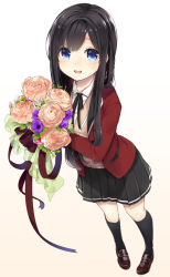 Rule 34 | 1girl, ao no neko, black hair, black ribbon, black skirt, black socks, blazer, blue eyes, bouquet, brown footwear, buttons, flower, full body, holding, holding bouquet, jacket, kneehighs, loafers, long hair, long sleeves, looking at viewer, looking up, neck ribbon, open mouth, original, pink flower, pink rose, pleated skirt, red jacket, ribbon, rose, school uniform, shoes, simple background, skirt, smile, socks, solo, standing, sweater vest, white background