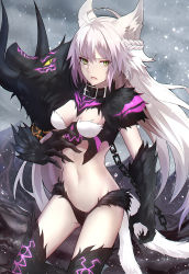 Rule 34 | 1girl, agrius metamorphosis, ahoge, animal ears, atalanta (fate), atalanta alter (fate), belt collar, black collar, black panties, braid, breasts, chain, claws, cloud, collar, colored sclera, day, fang, fate/grand order, fate (series), floating hair, french braid, fur, gradient hair, green eyes, grey sky, groin, hair between eyes, hand up, highres, long hair, looking at another, looking at viewer, multicolored hair, navel, open mouth, outdoors, pale skin, panties, pink hair, shigure s, sidelocks, sky, slit pupils, small breasts, snowing, stalagmite, standing, stomach, tail, tsurime, underwear, very long hair, white hair, wind, yellow sclera