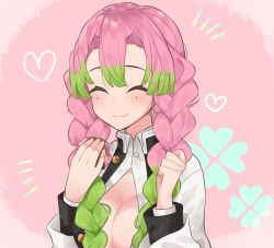 Rule 34 | 1girl, blush, braid, breasts, cleavage, commentary request, eating, gradient hair, green hair, japanese clothes, kanroji mitsuri, kimetsu no yaiba, large breasts, long hair, mole, mole under eye, multicolored hair, open clothes, pink hair, smile, solo, younomiti