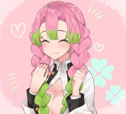 1girl blush braid breasts cleavage commentary_request eating gradient_hair green_hair japanese_clothes kanroji_mitsuri kimetsu_no_yaiba large_breasts long_hair mole mole_under_eye multicolored_hair open_clothes pink_hair smile solo younomiti