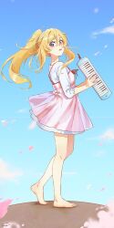 Rule 34 | 1girl, barefoot, blonde hair, blue sky, cloud, commentary, day, dress, english commentary, from side, grey eyes, hair between eyes, highres, holding, holding instrument, instrument, instrument request, keyboard (instrument), long hair, long sleeves, looking at viewer, looking to the side, melodica, miyazono kawori, original, outdoors, parted lips, petals, pink dress, ponytail, shigatsu wa kimi no uso, shirt, sidelocks, sky, sleeveless, sleeveless dress, solo, tinedesu, very long hair, walking, white shirt
