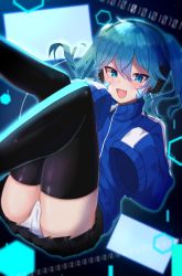 Rule 34 | 1girl, :d, absurdres, ass, binary, black skirt, black thighhighs, blue eyes, blue hair, blue jacket, blush, commentary request, ene (kagerou project), floating, from below, hair between eyes, hand on own cheek, hand on own face, headphones, highres, jacket, kagerou project, knees together feet apart, knees up, leg up, legs, merutoro10, miniskirt, open mouth, panties, pleated skirt, screen, skindentation, skirt, smile, solo, striped clothes, striped thighhighs, thighhighs, thighs, track jacket, twintails, underwear, upskirt, vertical-striped clothes, vertical-striped thighhighs, very long sleeves, white panties