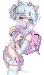 Rule 34 | 1boy, animal ears, aqua hair, aqua nails, backpack, bag, belly, blue hair, blue nails, bow, bow skirt, cat ears, cat hair ornament, cat paw, condom, condom in clothes, crime prevention buzzer, crossdressing, detached sleeves, food-themed hair ornament, hair bow, hair ornament, hairclip, hands on own chest, heart, heart-shaped pupils, highres, looking at viewer, mask, miniskirt, navel, original, pink bag, pink bow, pink bracelet, pink eyes, pink ribbon, pubic tattoo, rabbit charm, randoseru, ribbon, sex toy, shirt, simple background, skirt, sleeveless, steam, strawberry hair ornament, symbol-shaped pupils, tattoo, thighhighs, trap, twintails, vibrator, white background, white shirt, white sleeves, white thighhighs, yellow bracelet, yoruhachi, yume kawaii