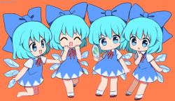 Rule 34 | 4girls, :d, ^ ^, black footwear, blue bow, blue dress, blue hair, bow, cirno, clone, closed eyes, closed mouth, dress, frog, frozen frog, full body, hair bow, highres, holding, ice, ice wings, looking at another, multiple girls, open mouth, orange background, pinafore dress, ramudia (lamyun), short hair, short sleeves, simple background, sleeveless, sleeveless dress, smile, split mouth, standing, touhou, twitter username, white legwear, wings