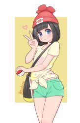 Rule 34 | 1girl, artist name, bag, beanie, black hair, blue eyes, blunt bangs, blush, bob cut, closed mouth, collarbone, creatures (company), female focus, flat chest, floral print, game freak, green shorts, hand up, happy, hat, heart, holding, holding poke ball, kionant, legs together, looking at viewer, nintendo, pocket, poke ball, poke ball (basic), poke ball symbol, poke ball theme, pokemon, pokemon sm, red hat, selene (pokemon), shirt, short hair, short shorts, short sleeves, shorts, shoulder bag, signature, simple background, smile, solo, standing, tied shirt, two-tone background, v, yellow background, yellow shirt