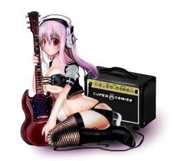 Rule 34 | 1girl, amplifier, ass, blush, breasts, butt crack, cleavage, electric guitar, guitar, headphones, highres, instrument, large breasts, long hair, looking at viewer, midriff, nitroplus, pink hair, red eyes, gibson sg, solo, super sonico, yaya (yayaya)