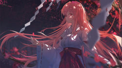 Rule 34 | 1girl, blurry, blurry foreground, blush, bow, breasts, closed mouth, commentary request, cowboy shot, dappled sunlight, day, floating hair, forest, hakama, hakama skirt, highres, hip vent, japanese clothes, kimono, long hair, long sleeves, looking at viewer, medium breasts, nature, original, outdoors, outstretched hand, petals, pink eyes, qtian, red bow, red hair, red hakama, skirt, solo, sunlight, tears, tree, very long hair, white kimono, wide sleeves, wind