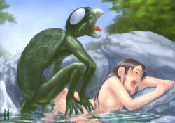 Rule 34 | 1girl, ass, ass grab, bath, beak, bent over, bestiality, blush, boulder, breasts, colored skin, cum, cum in pussy, doggystyle, closed eyes, green skin, impregnation, interspecies, kappa, large breasts, large testicles, long hair, monster, nude, open mouth, outdoors, partially submerged, penis, pussy, sex, sex from behind, sky, tears, teeth, testicles, tongue, tongue out, torso grab, tree, turtle shell, vaginal, water, xiin