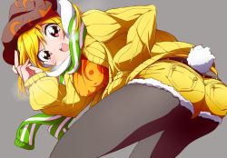 Rule 34 | 1girl, animal ears, ass, black pantyhose, blonde hair, bwell, commentary request, green scarf, hat, orange shirt, pantyhose, pantyhose under shorts, rabbit ears, rabbit tail, ribbed sweater, ringo (touhou), scarf, shirt, short shorts, shorts, solo, sweater, tail, touhou, yellow shorts, yellow sweater