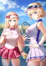 Rule 34 | 2girls, absurdres, ass, ball, bare shoulders, bike shorts, blonde hair, blue eyes, blue sky, blush, bnari, bra visible through clothes, breasts, cloud, commentary request, hair bun, highres, holding, holding ball, holding tennis racket, large breasts, long hair, looking at viewer, looking back, miniskirt, multiple girls, nail polish, open mouth, original, outdoors, panties, plaid, plaid skirt, pleated skirt, racket, red skirt, shirt, shorts, shorts under skirt, skirt, sky, sleeveless, sleeveless shirt, sportswear, standing, taut clothes, taut shirt, tennis, tennis ball, tennis court, tennis net, tennis racket, tennis uniform, thighs, tree, underwear, visor cap, white panties, white shirt, white skirt, wristband