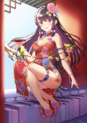 Rule 34 | 1girl, :d, absurdres, breasts, brown eyes, brown hair, china dress, chinese clothes, cleavage, cup, dress, floating hair, floral print, flower, full body, hair flower, hair ornament, highres, holding, ken-san, long hair, looking at viewer, medium breasts, nail polish, open mouth, original, pink flower, print dress, red dress, red nails, sakazuki, sitting, sleeveless, sleeveless dress, smile, solo, sparkle, thigh strap, very long hair