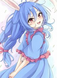 Rule 34 | 1girl, :d, ahoge, animal ears, arms behind back, blue dress, blue hair, commentary request, dress, hair between eyes, highres, long hair, looking at viewer, low twintails, neko mata, open mouth, rabbit ears, rabbit girl, rabbit tail, red eyes, seiran (touhou), short sleeves, smile, solo, tail, touhou, twintails