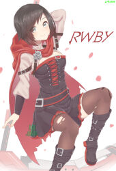 Rule 34 | 1girl, 2018, ace of bros, arm behind head, belt, black hair, blush, boots, bracelet, breasts, cape, corset, dated, floating, grey eyes, highres, holding, holding weapon, hood, jewelry, looking at viewer, medium breasts, red hood, ruby rose, rwby, short hair, skirt, smile, thighhighs, torn clothes, torn legwear, weapon, weapon out frame