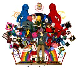 Rule 34 | 1boy, 6+girls, black cat, blue flower, blue rose, breasts, burning, cat, cup, doll, dress, fire, fish, flower, garry (ib), glass, heart, highres, ib (ib), ib (kouri), lady in red (ib), mannequin, mary (ib), mikeko (mikekaka), moon, multiple girls, painting (object), petals, rainbow, red flower, red rose, rose, school uniform, skirt, sun, teacup, thorns, uniform, vase, wedding dress, yellow flower, yellow rose