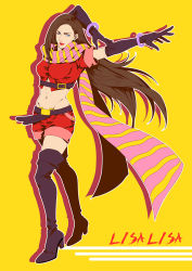 Rule 34 | 1girl, adapted costume, blue eyes, boots, bracelet, brown hair, character name, dkaki, earrings, elbow gloves, gloves, high heel boots, high heels, jewelry, jojo no kimyou na bouken, lisa lisa, long hair, midriff, scarf, shoes, solo, striped clothes, striped scarf, thigh boots, thighhighs, zettai ryouiki