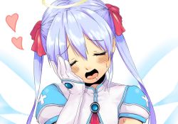 Rule 34 | 1girl, :d, bad id, bad pixiv id, blue hair, blush, brooch, djibril aries, drooling, closed eyes, gloves, hair ribbon, halo, hand on own face, heart, jewelry, jinno hikari, light purple hair, magical girl, makai tenshi djibril, open mouth, ribbon, sachon, smile, sweat, swimsuit costume, twintails, wings