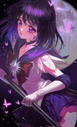 Rule 34 | 1girl, bakgae, bishoujo senshi sailor moon, black hair, bow, brooch, brown bow, bug, butterfly, choker, circlet, collarbone, cowboy shot, dated, earrings, elbow gloves, expressionless, full moon, gloves, highres, holding, holding staff, insect, jewelry, looking at viewer, magical girl, moon, pleated skirt, purple butterfly, purple choker, purple eyes, purple sailor collar, purple skirt, purple theme, sailor collar, sailor saturn, sailor senshi uniform, short hair, signature, skirt, solo, staff, star (symbol), star brooch, star choker, tomoe hotaru, white gloves