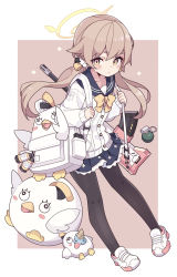 Rule 34 | 1girl, absurdres, backpack, bag, black pantyhose, black sailor collar, black skirt, blue archive, blush, bow, brown background, brown bow, brown eyes, brown hair, cardigan, commentary request, eyebrows hidden by hair, food, hair between eyes, halo, hifumi (blue archive), highres, ice cream, ice cream cone, long hair, low twintails, pantyhose, pleated skirt, sailor collar, school uniform, serafuku, shoes, skirt, solo, thick eyebrows, twintails, two-tone background, very long hair, white background, white cardigan, white footwear, yoshida makura