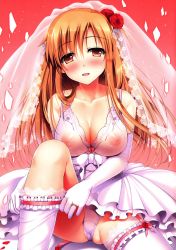Rule 34 | 10s, 1girl, absurdres, asuna (sao), blush, bra, breasts, bridal veil, brown eyes, brown hair, cleavage, covered erect nipples, dress, elbow gloves, female focus, flower, garter straps, gloves, hair flower, hair ornament, highres, jewelry, large breasts, looking at viewer, nipples, panties, parted lips, ring, rose, see-through, shiny skin, sitting, solo, sousouman, sword art online, thighhighs, thighhighs pull, underwear, veil, wedding band, wedding dress, white gloves, white panties, white thighhighs