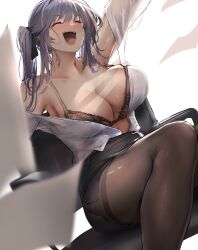 Rule 34 | 1girl, :d, ^ ^, absurdres, azur lane, black ribbon, black skirt, bra, breasts, brown bra, brown pantyhose, chair, cleavage, closed eyes, essex (azur lane), essex (crossbones especial) (azur lane), grey hair, hair ribbon, highres, large breasts, liaowen, official alternate costume, on chair, open mouth, pantyhose, paper, ribbon, short hair, simple background, sitting, skirt, smile, solo, teeth, underwear, upper teeth only, white background