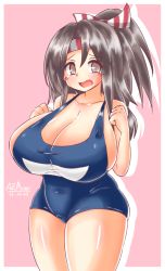 Rule 34 | 10s, 1girl, ayazumi flutter, blue one-piece swimsuit, blush, breasts, brown eyes, brown hair, cleavage, collarbone, curvy, embarrassed, female focus, huge breasts, kantai collection, long hair, looking at viewer, one-piece swimsuit, open mouth, school swimsuit, simple background, solo, standing, swimsuit, thick thighs, thighs, zuihou (kancolle)