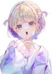 Rule 34 | 1girl, blonde hair, blue hair, choker, finger to mouth, hair ornament, hairpin, highres, hololive, hololive dev is, jacket, looking at viewer, multicolored hair, nazuna (nazuna su), open mouth, purple eyes, shirt, short hair, solo, streaked hair, teeth, todoroki hajime, two side up, upper teeth only, virtual youtuber, white background, white choker, white jacket, white shirt