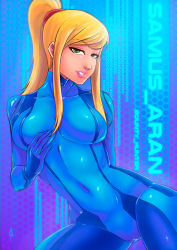 Rule 34 | 1girl, arthur franca, bad deviantart id, bad id, blonde hair, bodysuit, breasts, cameltoe, contrapposto, covered navel, cowboy shot, female focus, green eyes, highres, large breasts, lips, long hair, looking at viewer, metroid, mole, mole under mouth, nintendo, nose, ponytail, samus aran, scrunchie, sidelocks, skin tight, solo, standing, zero suit