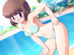 Rule 34 | artist request, bikini, blush, breasts, brown hair, character request, cleavage, glasses, purple hair, smile, source request, swimsuit, water