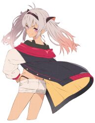 Rule 34 | 1girl, akitetsu, animal ears, black jacket, black panties, closed mouth, cropped legs, eyelashes, fake animal ears, film grain, from behind, gradient hair, grey hair, hand on own hip, highleg, highleg panties, highres, jacket, leaning to the side, long hair, looking at viewer, looking back, matsukai mao, micro shorts, multicolored clothes, multicolored hair, multicolored jacket, nijisanji, off shoulder, panties, pink eyes, pink hair, red jacket, shadow, shorts, sidelocks, simple background, smile, solo, standing, thighs, twintails, underwear, virtual youtuber, white background, white jacket, white shorts