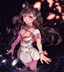 Rule 34 | 1girl, animal ear fluff, animal ears, black hair, blush, breasts, cleavage, cleavage cutout, clothing cutout, commentary, dated, dress, earrings, english commentary, heart, jewelry, kobutanori, long hair, looking at viewer, medium breasts, nurse, open mouth, original, petals, red eyes, short sleeves, solo, stud earrings, very long hair, wading, water, white dress, wrist cuffs