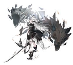 Rule 34 | 1girl, animal ears, arknights, black footwear, black jacket, black shorts, boots, breasts, crop top, dual wielding, floating hair, grey eyes, hair between eyes, hair ornament, hairclip, highres, holding, holding sword, holding weapon, jacket, katana, kazana (sakuto), lappland (arknights), long hair, looking at viewer, looking back, material growth, medium breasts, open clothes, open jacket, oripathy lesion (arknights), parted lips, scar, scar across eye, scar on face, short shorts, shorts, simple background, smile, solo, standing, sword, tail, very long hair, weapon, white background, white hair