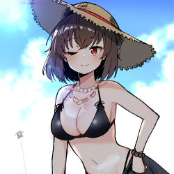Rule 34 | 1girl, armpits, bare arms, bare shoulders, bead necklace, beads, bikini, black bikini, breasts, brown hair, brown hat, cleavage, cloud, collarbone, counter:side, halterneck, hat, jewelry, joo shiyoung, junsuina fujunbutsu, large breasts, looking at viewer, machine-g.a.p., navel, necklace, official alternate costume, one eye closed, red eyes, short hair, smile, solo, stomach, straw hat, string bikini, swimsuit, upper body