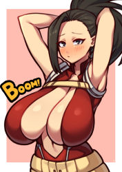 Rule 34 | 1girl, absurdres, armpits, arms behind head, arms up, black hair, blush, bodysuit, boku no hero academia, breasts, center opening, cleavage, closed mouth, cowboy shot, hair pulled back, highres, huge breasts, looking at viewer, midriff, nikuatsu magician shinbo, pink background, ponytail, red bodysuit, solo, standing, superhero costume, two-tone background, upper body, white background, yaoyorozu momo