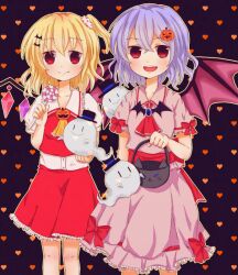 Rule 34 | 2girls, ascot, bat wings, blonde hair, blue brooch, blush, bow, breasts, brooch, buttons, candy, closed mouth, collarbone, collared shirt, dress shirt, feet out of frame, flandre scarlet, food, frilled ascot, frilled shirt, frilled shirt collar, frilled skirt, frilled sleeves, frills, hair between eyes, halloween, halloween bucket, hat, heart, heart background, hitodama, holding, holding candy, holding food, holding lollipop, jewelry, light smile, lollipop, looking at viewer, medium hair, multicolored wings, multiple girls, no headwear, open mouth, pink shirt, pink skirt, puffy short sleeves, puffy sleeves, purple background, purple hair, red ascot, red bow, red eyes, red ribbon, red skirt, red vest, remilia scarlet, ribbon, ribbon-trimmed skirt, ribbon trim, shirt, short sleeves, siblings, simple background, sisters, skirt, skirt set, sleeve bow, sleeve ribbon, small breasts, swirl lollipop, teeth, top hat, touhou, upper teeth only, vest, white shirt, wings, yellow ascot, yuuki (koucha to panda)