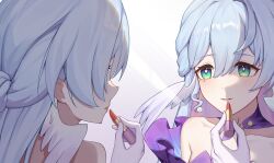 Rule 34 | 1girl, absurdres, applying makeup, aqua eyes, bare shoulders, breasts, chinese commentary, cleavage, collar, collarbone, commentary request, cosmetics, detached collar, detached sleeves, earrings, gloves, hair between eyes, head wings, highres, honkai: star rail, honkai (series), jewel under eye, jewelry, light blush, lipstick tube, looking at reflection, medium breasts, portrait, purple collar, purple sleeves, qiuqiuku, reflection, robin (honkai: star rail), smile, solo, teeth, white gloves, white hair, wings