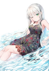 Rule 34 | 1girl, arm at side, arm support, artist name, bare arms, bare shoulders, black dress, blunt bangs, breasts, closed mouth, collarbone, dress, floral print, frilled skirt, frills, hand on own cheek, hand on own face, long hair, looking at viewer, lying, lying on water, medium breasts, on back, one eye closed, original, partially submerged, roang, silver hair, skirt, sleeveless, sleeveless dress, solo, very long hair, water, wet
