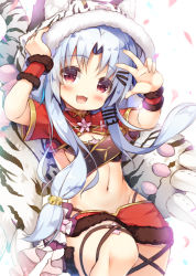 Rule 34 | 1girl, alternate costume, animal hands, animal hood, asa (swallowtail), azur lane, bell, blue hair, blush, breasts, chang chun (azur lane), chinese clothes, fang, hair between eyes, hair ornament, hairclip, hood, looking at viewer, navel, open mouth, red eyes, small breasts, solo, tiger paws