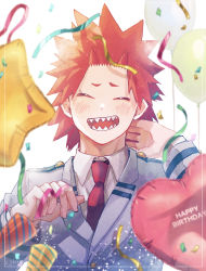 Rule 34 | 1boy, adcalcium, balloon, blazer, blurry, blurry foreground, blush, boku no hero academia, collared shirt, commentary request, confetti, closed eyes, facing viewer, grey jacket, hand on own neck, happy birthday, heart balloon, highres, jacket, kirishima eijirou, long sleeves, male focus, necktie, open mouth, party popper, red hair, red necktie, school uniform, sharp teeth, shirt, short hair, simple background, smile, solo, spiked hair, star balloon, teeth, u.a. school uniform, upper body, white background, white shirt