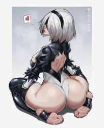 Rule 34 | 1girl, aelion draws, ass, backless outfit, black blindfold, blindfold, border, breasts, feet, gloves, grey background, hand on own thigh, heart, highres, huge ass, juliet sleeves, large breasts, leotard, long sleeves, looking at viewer, looking back, nier:automata, nier (series), no shoes, parted lips, patreon username, puffy sleeves, short hair, sideboob, soles, spoken heart, stirrup legwear, thick thighs, thighs, toeless footwear, toeless legwear, toes, white border, white gloves, white hair, white leotard, wide hips, 2b (nier:automata)