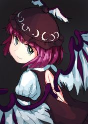 Rule 34 | 1girl, animal ears, dark background, from above, grey background, hat, highres, long sleeves, looking at viewer, looking back, mystia lorelei, one-hour drawing challenge, pink hair, puffy sleeves, scottie0521, short hair, simple background, smile, solo, touhou, upper body, wings